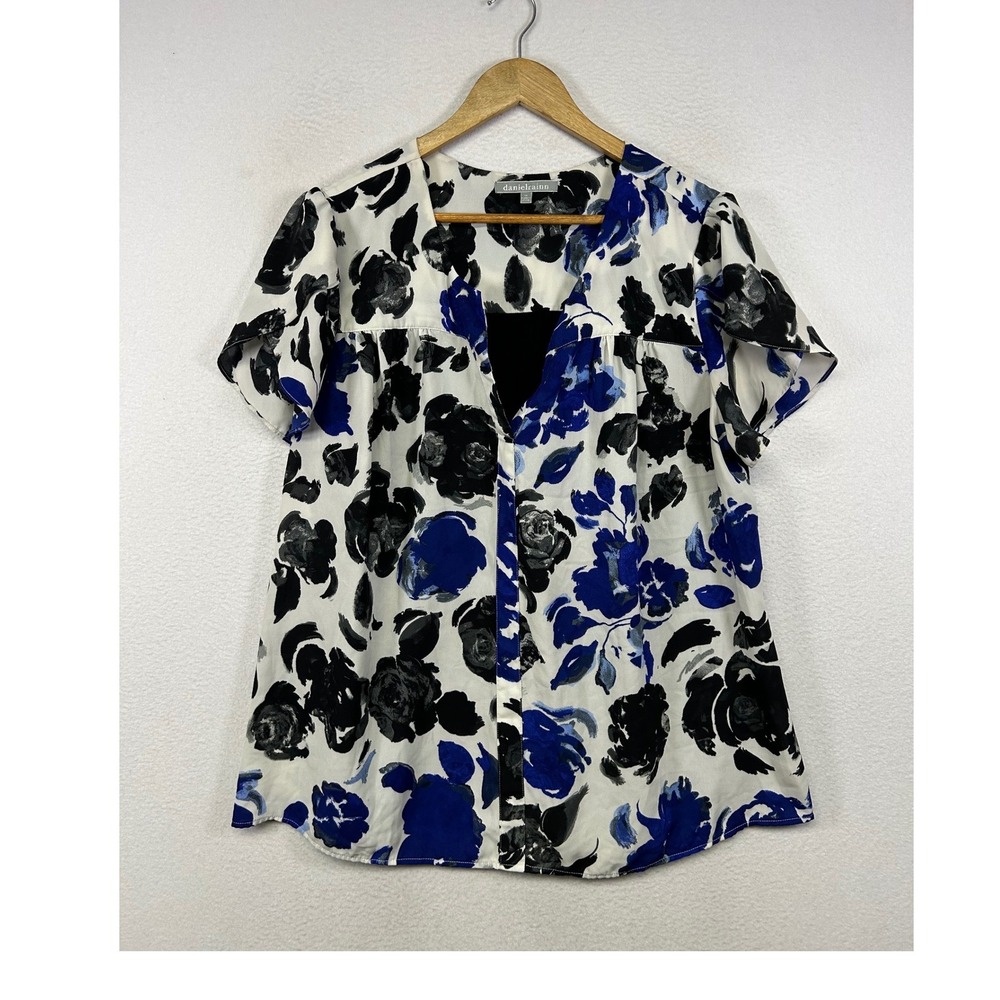 Floral Boho Daniel Rainn Womens 1X Blue Black Mixed Media Knit Back Blouse Top